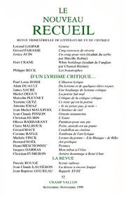 Le Nouveau Recueil – n°52 – D’un lyrisme critique – septembre/novembre 1999